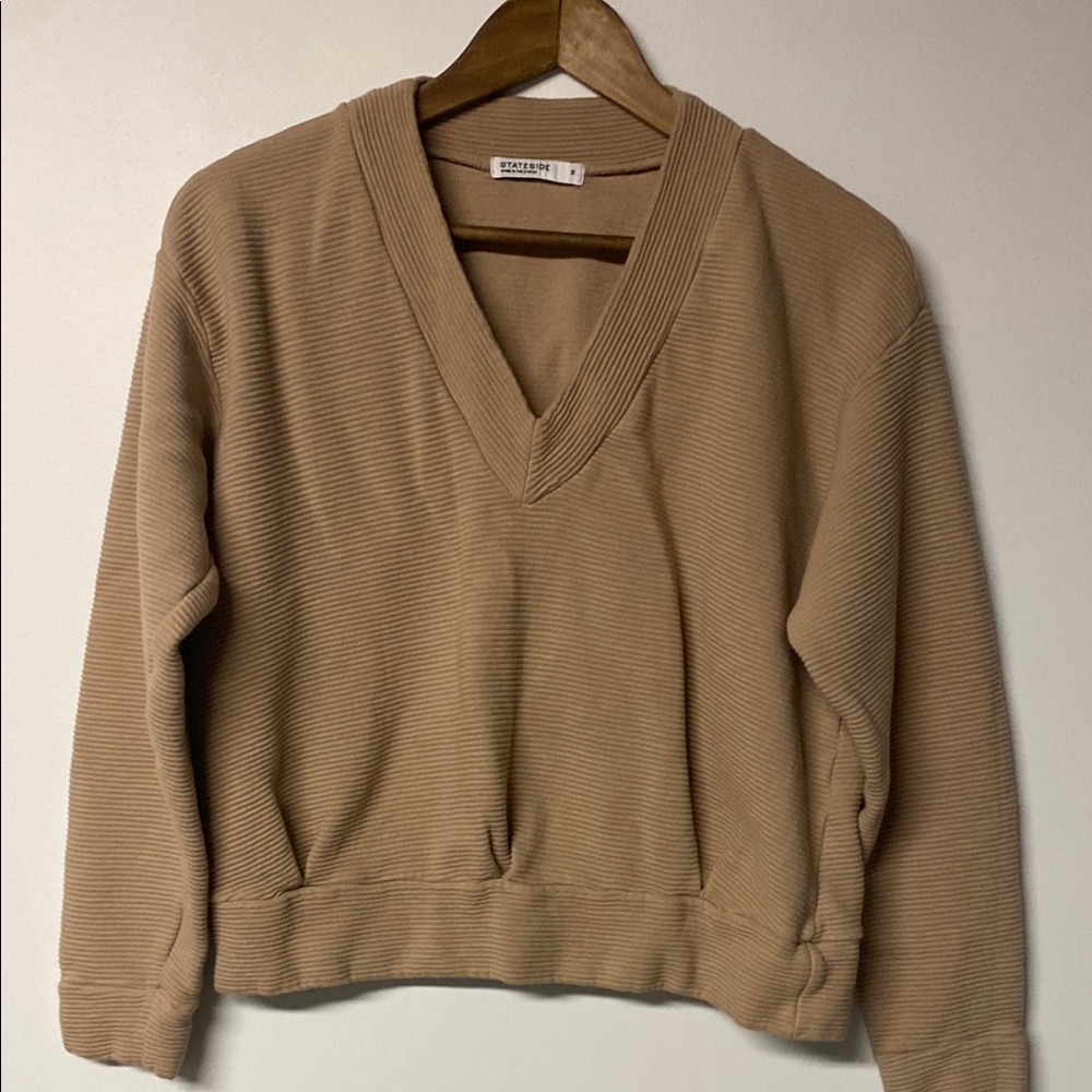 STATESIDE Anthropologie Tan Ribbed V-Neck Cropped Sweater